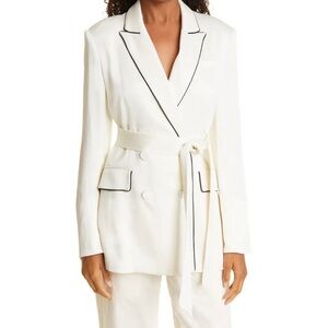 Veronica Beard Silky Double Breasted Belted Blazer with Black Trim